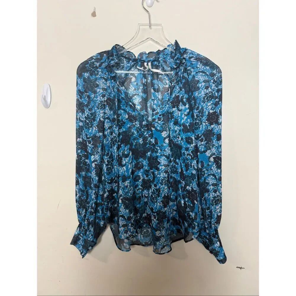 Anthropologie Blue Black Sheer Floral Blouse Boho Romantic Sheer Tie Neck Top Sm